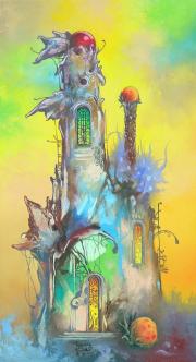 Tower with crystalflower, 2011, oil on board, 22 x 40 cm