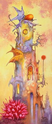 Ház rubinvirággal, olaj, farost, 15x35 cm