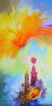 Sziget (A reggeli pára felszáll), olaj, vászon, 60x120 cm